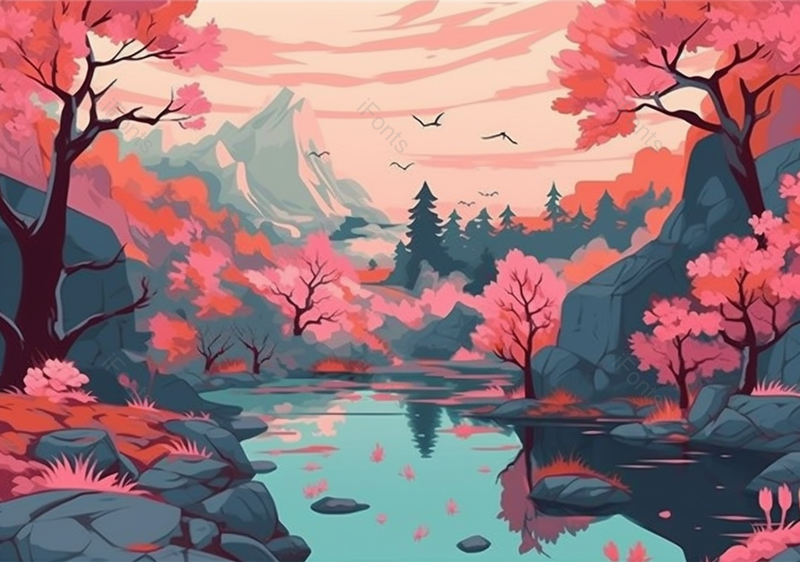 小河风景浪漫樱花插画背景图,插画/手绘图,插画/手绘图库,插画/手绘图下载,插画/手绘